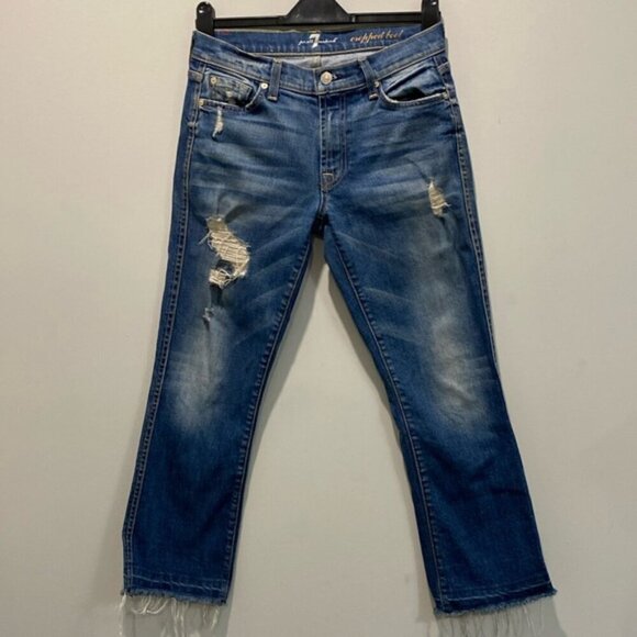 7 For All Mankind Boyfriend Jeans Cropped Bootcut Distressed Jeans Size 27 - Picture 2 of 14